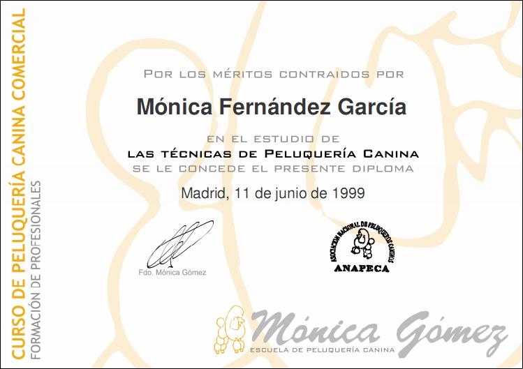 Diploma de peluquera Canina otorgado por ANAPECA – Asociación Nacional de Peluqueros Caninos 